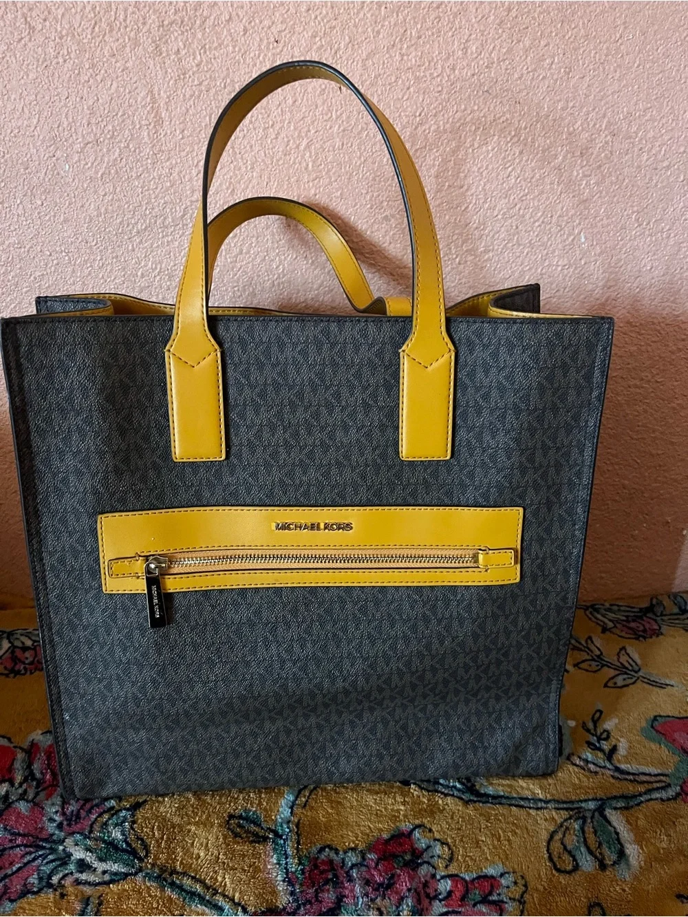 Michael Kors Black Tote with Yellow Trim and Handles